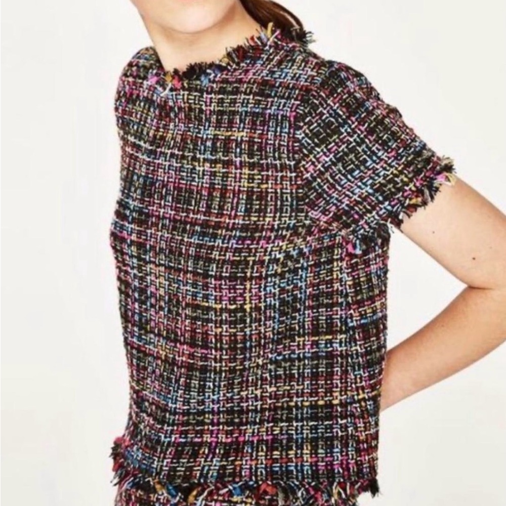 Zara Multicolor Tweed Short-Sleeve Top